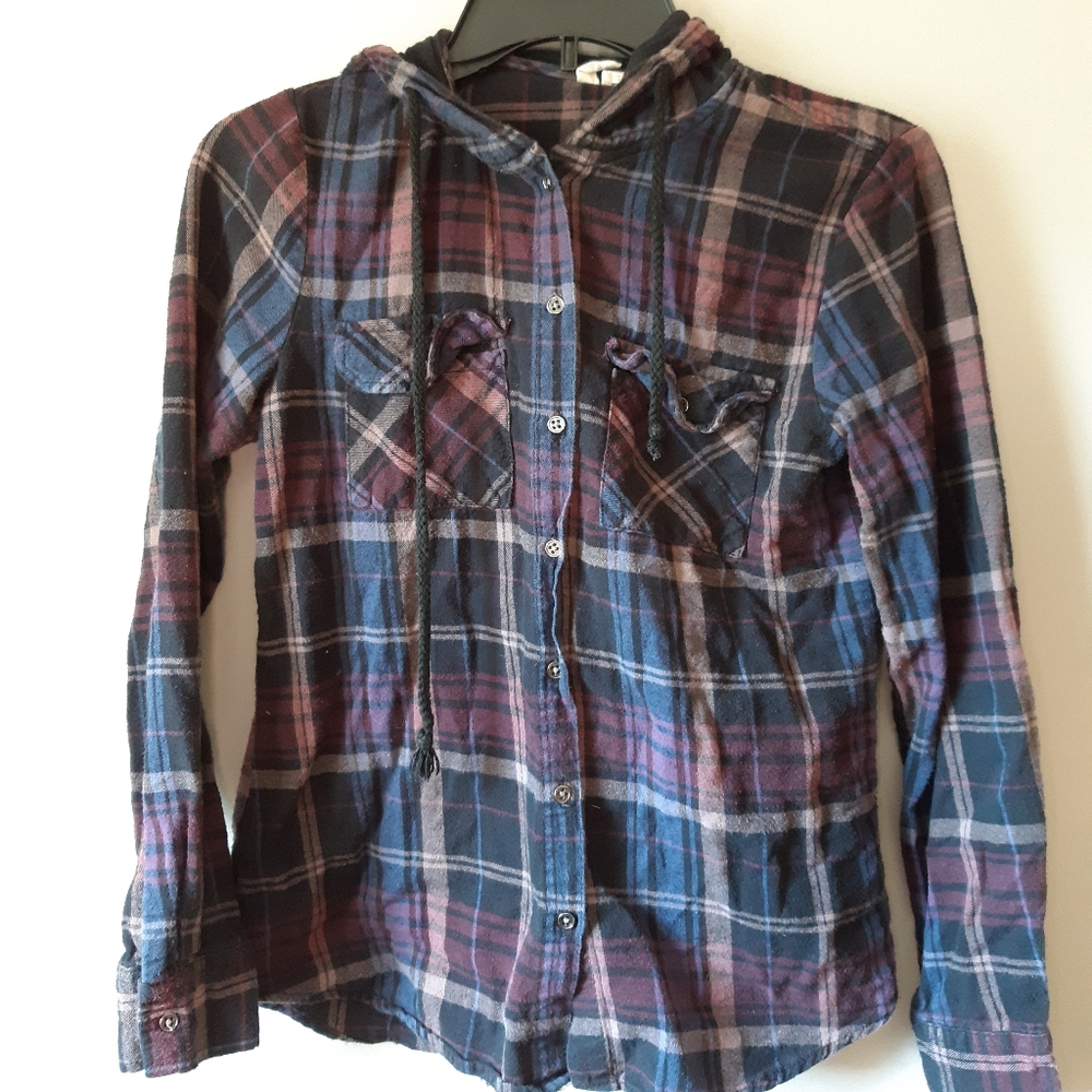 Purple Plaid Hooded Button Up Shirt